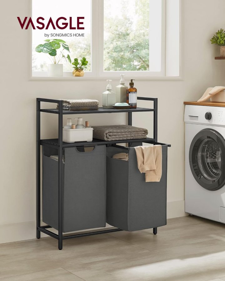 VASAGLE vasketjskurv, m. 2 rum, 2 hylder, 2 udtrkkelige og aftagelige poser - gr stof/sort stl
