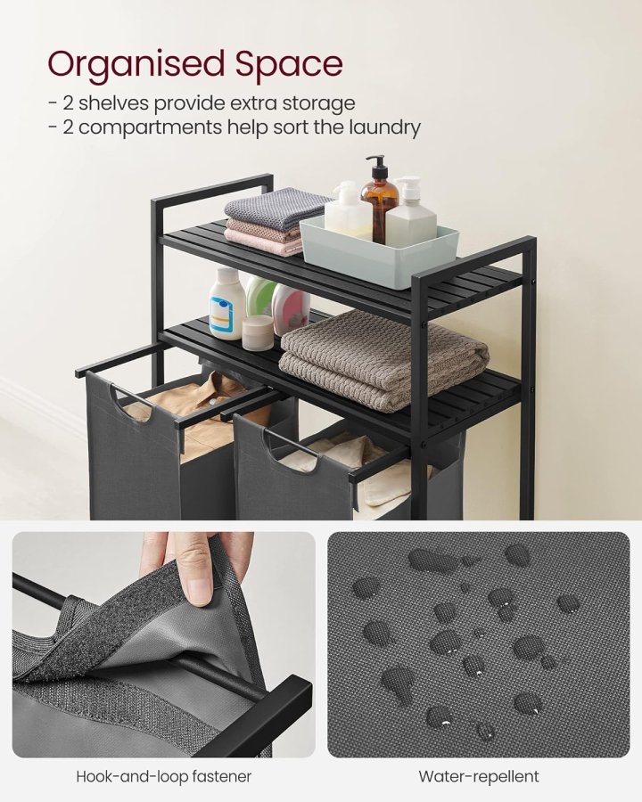 VASAGLE vasketjskurv, m. 2 rum, 2 hylder, 2 udtrkkelige og aftagelige poser - gr stof/sort stl