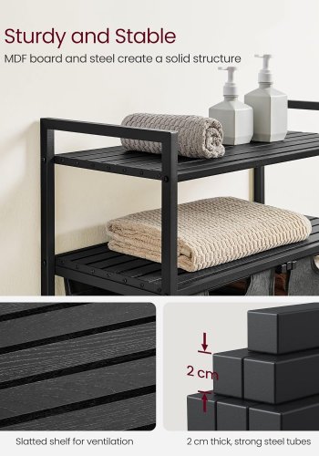 VASAGLE vasketjskurv, m. 2 rum, 2 hylder, 2 udtrkkelige og aftagelige poser - gr stof/sort stl