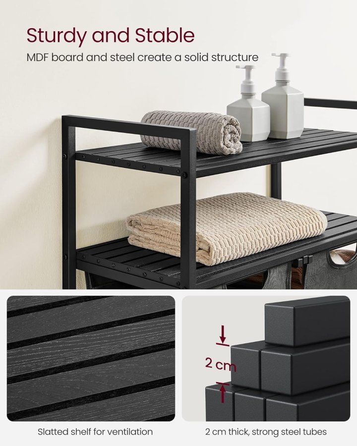 VASAGLE vasketjskurv, m. 2 rum, 2 hylder, 2 udtrkkelige og aftagelige poser - gr stof/sort stl