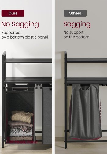 VASAGLE vasketjskurv, m. 2 rum, 2 hylder, 2 udtrkkelige og aftagelige poser - gr stof/sort stl