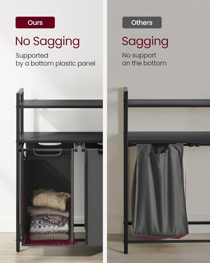 VASAGLE vasketjskurv, m. 2 rum, 2 hylder, 2 udtrkkelige og aftagelige poser - gr stof/sort stl