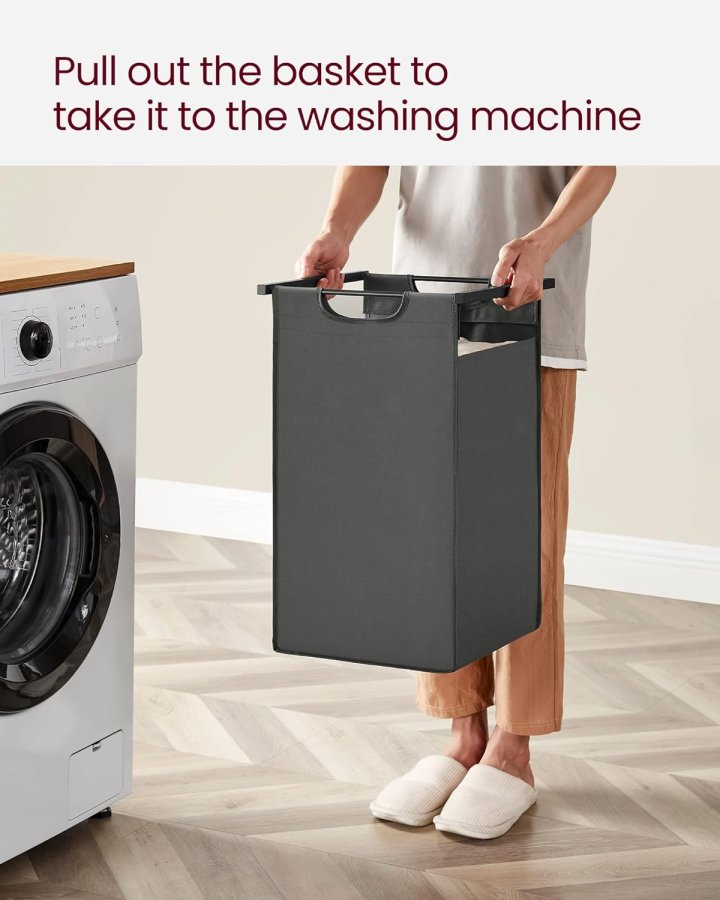 VASAGLE vasketjskurv, m. 2 rum, 2 hylder, 2 udtrkkelige og aftagelige poser - gr stof/sort stl