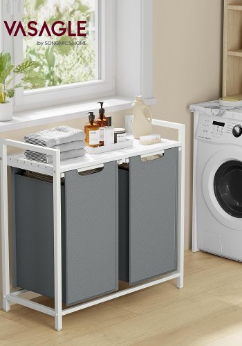 VASAGLE vasketjskurv, 2 rum, 1 hylde, 2 udtrkkelige og aftagelige poser - lysegr stof, hvid stl