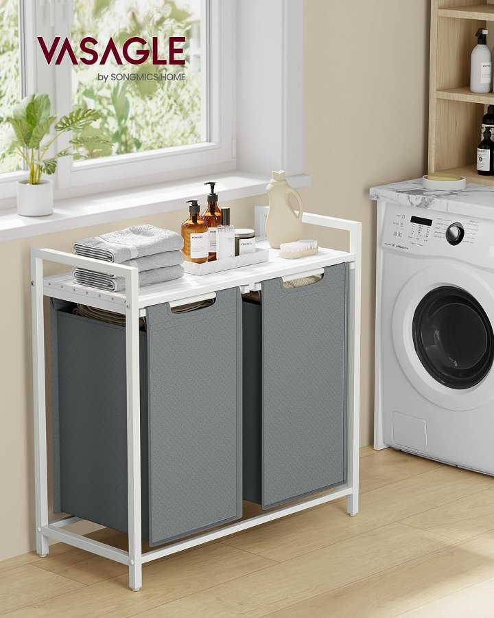 VASAGLE vasketjskurv, 2 rum, 1 hylde, 2 udtrkkelige og aftagelige poser - lysegr stof, hvid stl