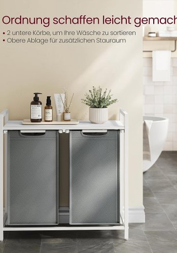 VASAGLE vasketjskurv, 2 rum, 1 hylde, 2 udtrkkelige og aftagelige poser - lysegr stof, hvid stl