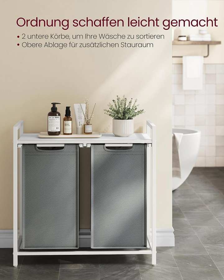 VASAGLE vasketjskurv, 2 rum, 1 hylde, 2 udtrkkelige og aftagelige poser - lysegr stof, hvid stl