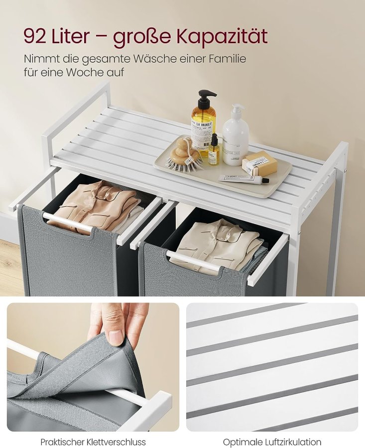 VASAGLE vasketjskurv, 2 rum, 1 hylde, 2 udtrkkelige og aftagelige poser - lysegr stof, hvid stl