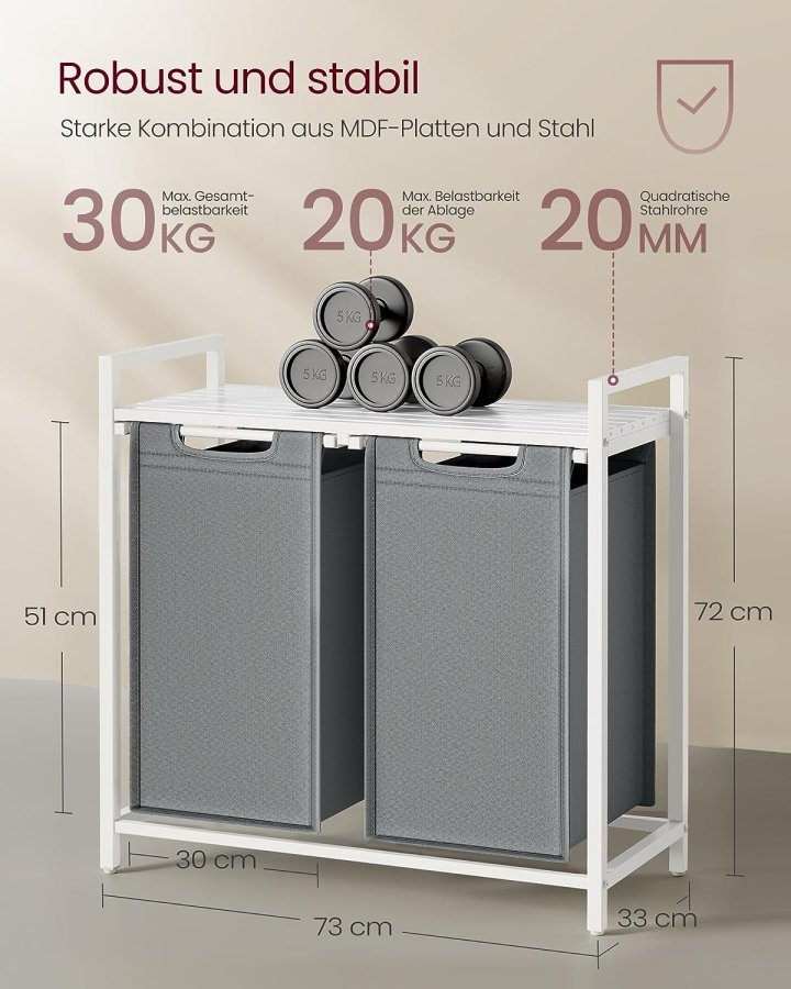 VASAGLE vasketjskurv, 2 rum, 1 hylde, 2 udtrkkelige og aftagelige poser - lysegr stof, hvid stl