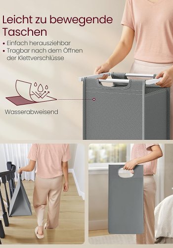 VASAGLE vasketjskurv, 2 rum, 1 hylde, 2 udtrkkelige og aftagelige poser - lysegr stof, hvid stl