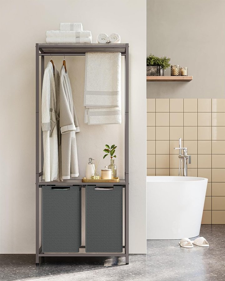 VASAGLE vasketjskurv, m. 2 hylder, aftagelige foringer, bjlestang - gr spnplade og gr stl