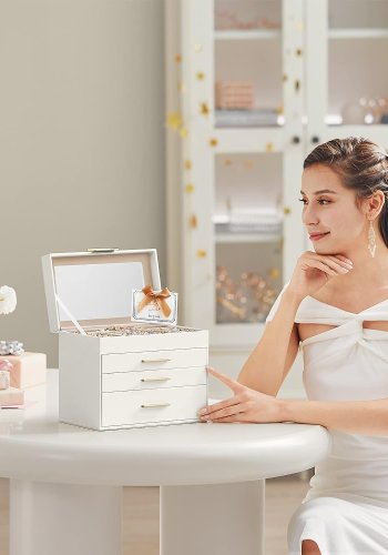 SONGMICS smykkeskrin, 4-lag, m. glaslg, 3 skuffer - sky hvid PU og guld