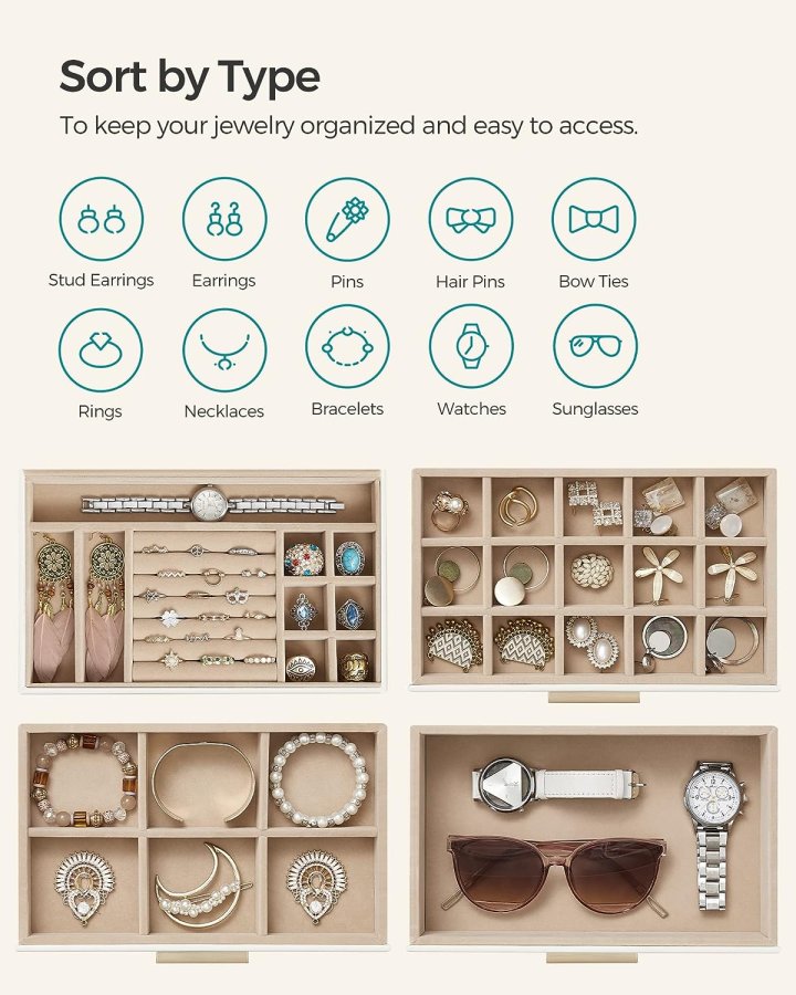 SONGMICS smykkeskrin, 4-lag, m. glaslg, 3 skuffer - sky hvid PU og guld