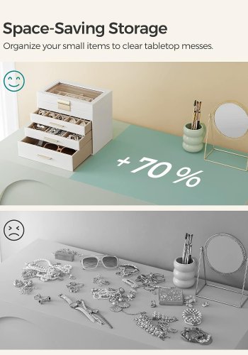 SONGMICS smykkeskrin, 4-lag, m. glaslg, 3 skuffer - sky hvid PU og guld