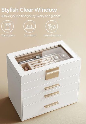 SONGMICS smykkeskrin, 4-lag, m. glaslg, 3 skuffer - sky hvid PU og guld