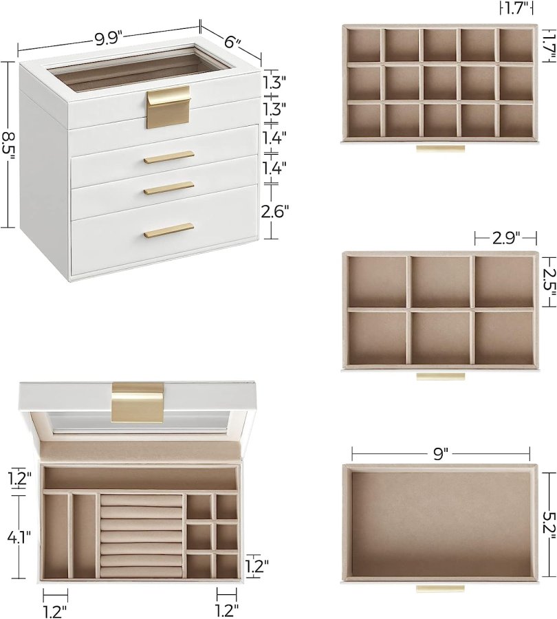 SONGMICS smykkeskrin, 4-lag, m. glaslg, 3 skuffer - sky hvid PU og guld