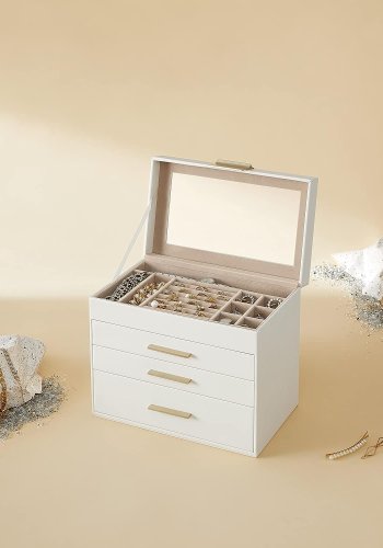 SONGMICS smykkeskrin, 4-lag, m. glaslg, 3 skuffer - sky hvid PU og guld