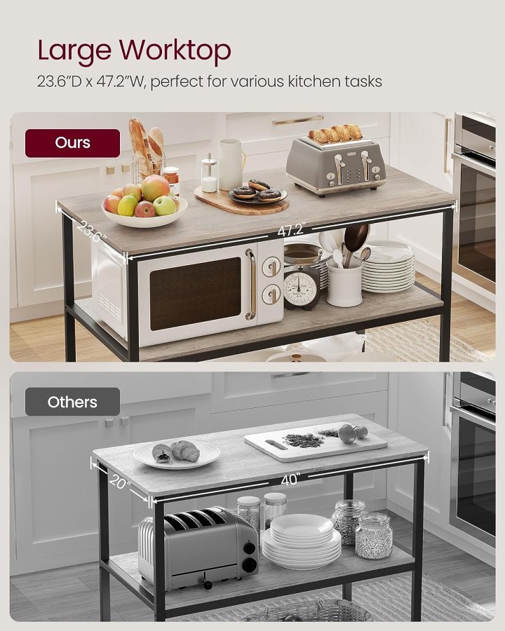 VASAGLE kkkenreol, m. 3 hylder - greige spnplade og sort stl