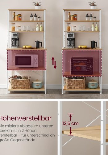 VASAGLE kkkenreol, m. 6 hylder, 6 kroge - natur spnplade og hvid stl