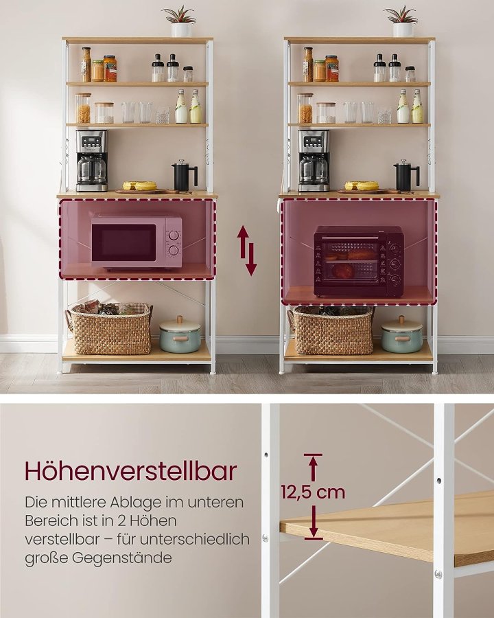 VASAGLE kkkenreol, m. 6 hylder, 6 kroge - natur spnplade og hvid stl