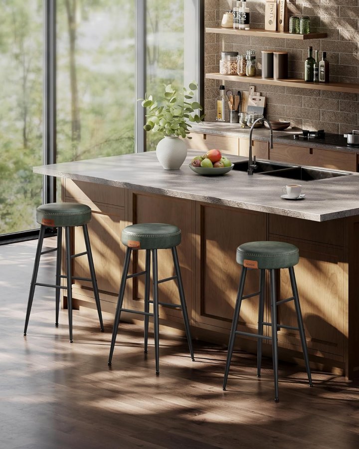 VASAGLE barstol, m. fodsttte - skovgrn kunstlder og sort stl (st med 2)