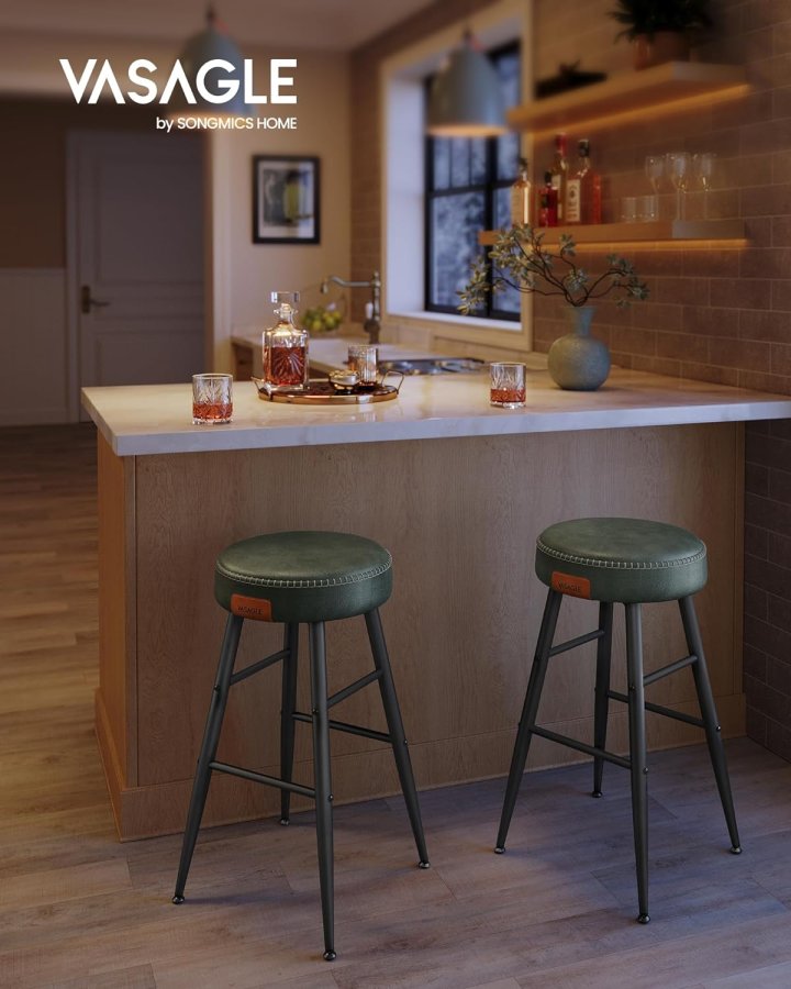 VASAGLE barstol, m. fodsttte - skovgrn kunstlder og sort stl (st med 2)