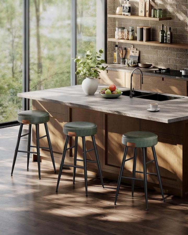 VASAGLE barstol, m. fodsttte - skovgrn kunstlder og sort stl (st med 2)