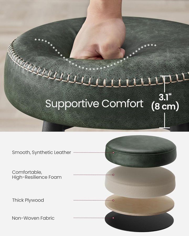 VASAGLE barstol, m. fodsttte - skovgrn kunstlder og sort stl (st med 2)