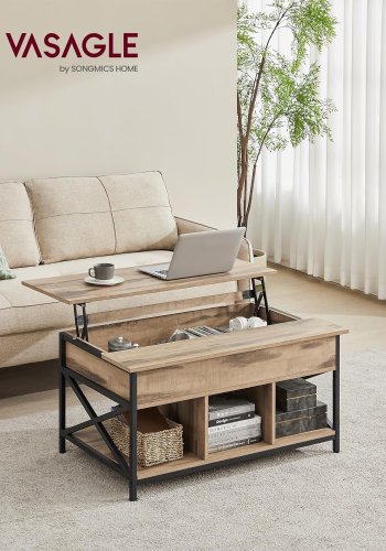 VASAGLE sofabord, hjdejusterbart, bent og skjult opbevaringsrum - camel tr og sort stl (60x100) 