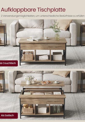 VASAGLE sofabord, hjdejusterbart, bent og skjult opbevaringsrum - camel tr og sort stl (60x100) 