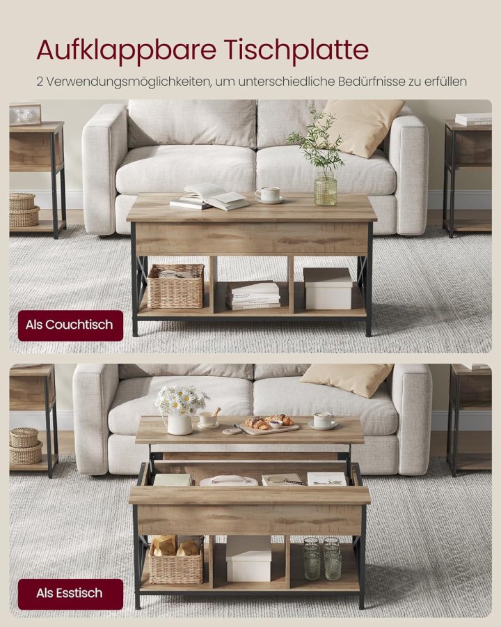 VASAGLE sofabord, hjdejusterbart, bent og skjult opbevaringsrum - camel tr og sort stl (60x100) 