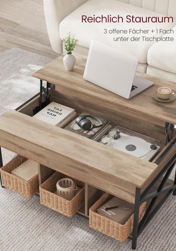 VASAGLE sofabord, hjdejusterbart, bent og skjult opbevaringsrum - camel tr og sort stl (60x100) 