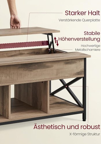 VASAGLE sofabord, hjdejusterbart, bent og skjult opbevaringsrum - camel tr og sort stl (60x100) 