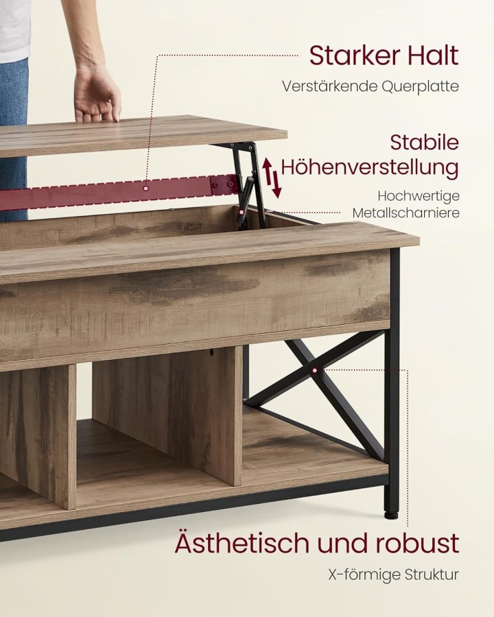 VASAGLE sofabord, hjdejusterbart, bent og skjult opbevaringsrum - camel tr og sort stl (60x100) 