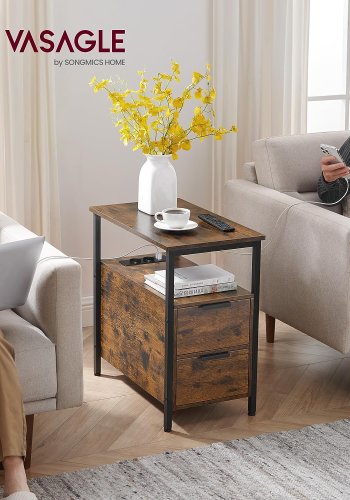 VASAGLE sidebord, m. strmstik og 2 skuffer - rustik brun spnplade og sort stl (60x35)