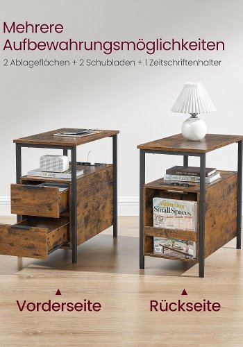 VASAGLE sidebord, m. strmstik og 2 skuffer - rustik brun spnplade og sort stl (60x35)