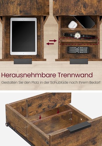 VASAGLE sidebord, m. strmstik og 2 skuffer - rustik brun spnplade og sort stl (60x35)