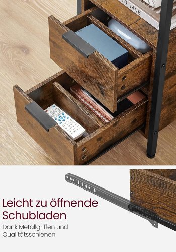 VASAGLE sidebord, m. strmstik og 2 skuffer - rustik brun spnplade og sort stl (60x35)