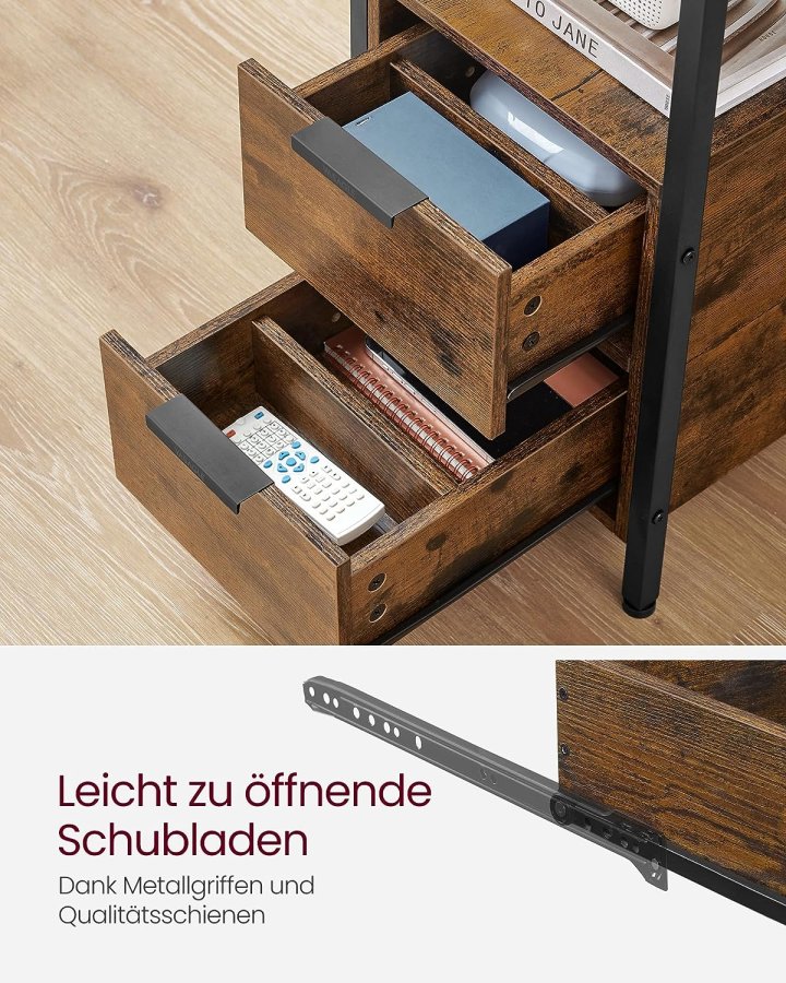 VASAGLE sidebord, m. strmstik og 2 skuffer - rustik brun spnplade og sort stl (60x35)