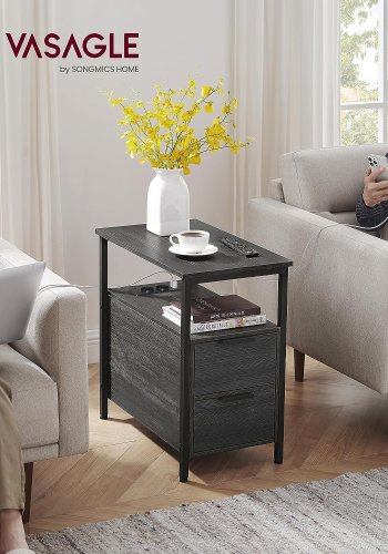 VASAGLE sidebord, m. strmstik og 2 skuffer - antracitgr spnplade og sort stl (60x35)