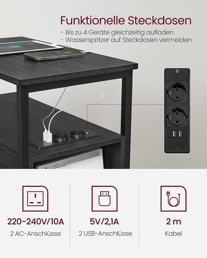 VASAGLE sidebord, m. strmstik og 2 skuffer - antracitgr spnplade og sort stl (60x35)