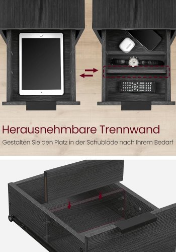 VASAGLE sidebord, m. strmstik og 2 skuffer - antracitgr spnplade og sort stl (60x35)