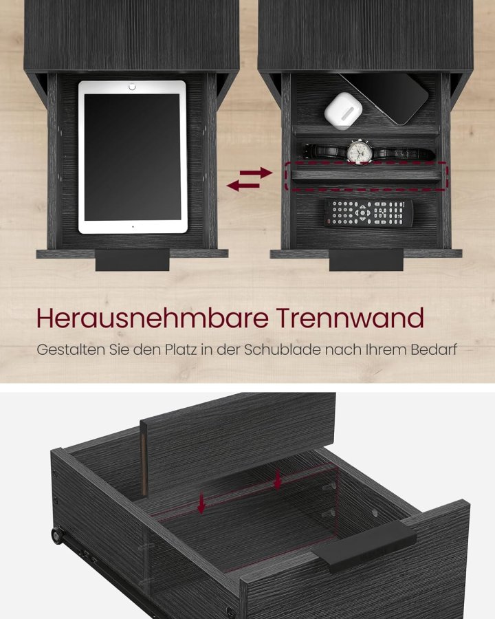 VASAGLE sidebord, m. strmstik og 2 skuffer - antracitgr spnplade og sort stl (60x35)