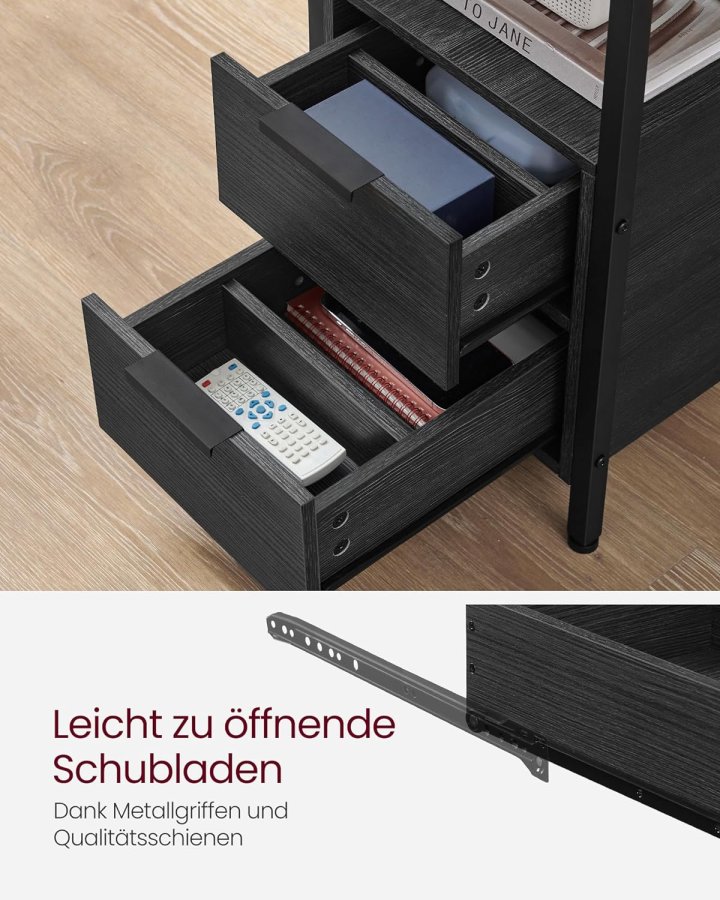 VASAGLE sidebord, m. strmstik og 2 skuffer - antracitgr spnplade og sort stl (60x35)