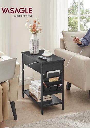 VASAGLE sidebord, m. strmstik, USB-porte, 1 hylde, opbevaring - sort spnplade/stl (60x31,5)
