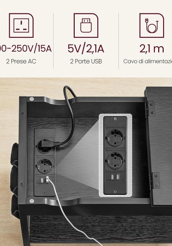 VASAGLE sidebord, m. strmstik, USB-porte, 1 hylde, opbevaring - sort spnplade/stl (60x31,5)