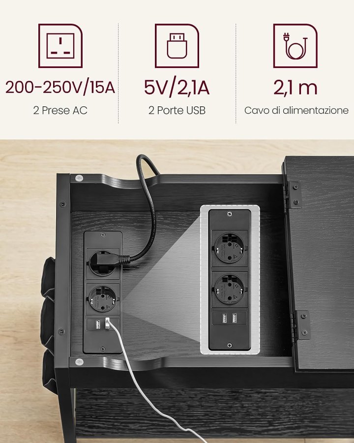 VASAGLE sidebord, m. strmstik, USB-porte, 1 hylde, opbevaring - sort spnplade/stl (60x31,5)