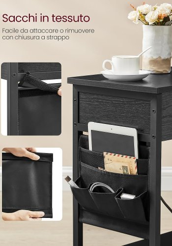 VASAGLE sidebord, m. strmstik, USB-porte, 1 hylde, opbevaring - sort spnplade/stl (60x31,5)