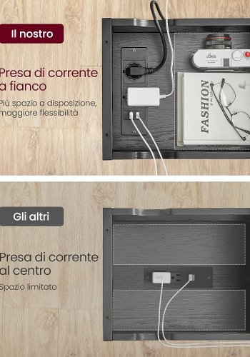 VASAGLE sidebord, m. strmstik, USB-porte, 1 hylde, opbevaring - sort spnplade/stl (60x31,5)