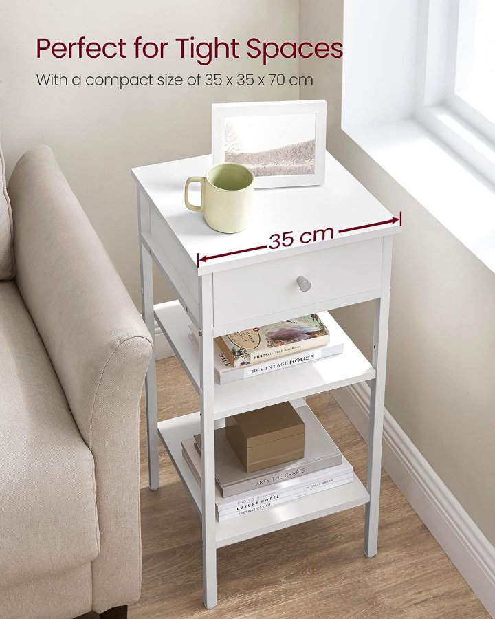 VASAGLE sengebord, m. 2 hylder og 1 skuffe - hvid spnplade og hvid stl (35x35)